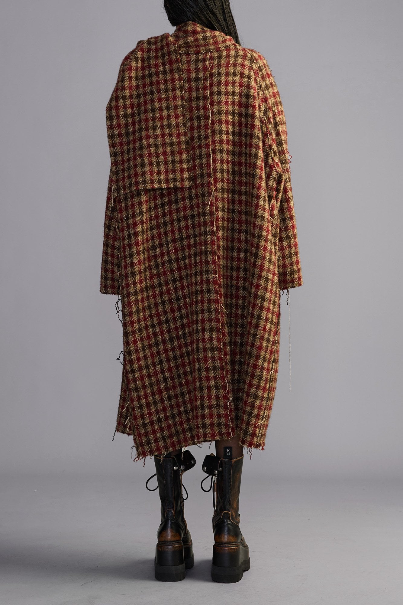 Double Breasted Coat With Scarf - Khaki Red Check - R13