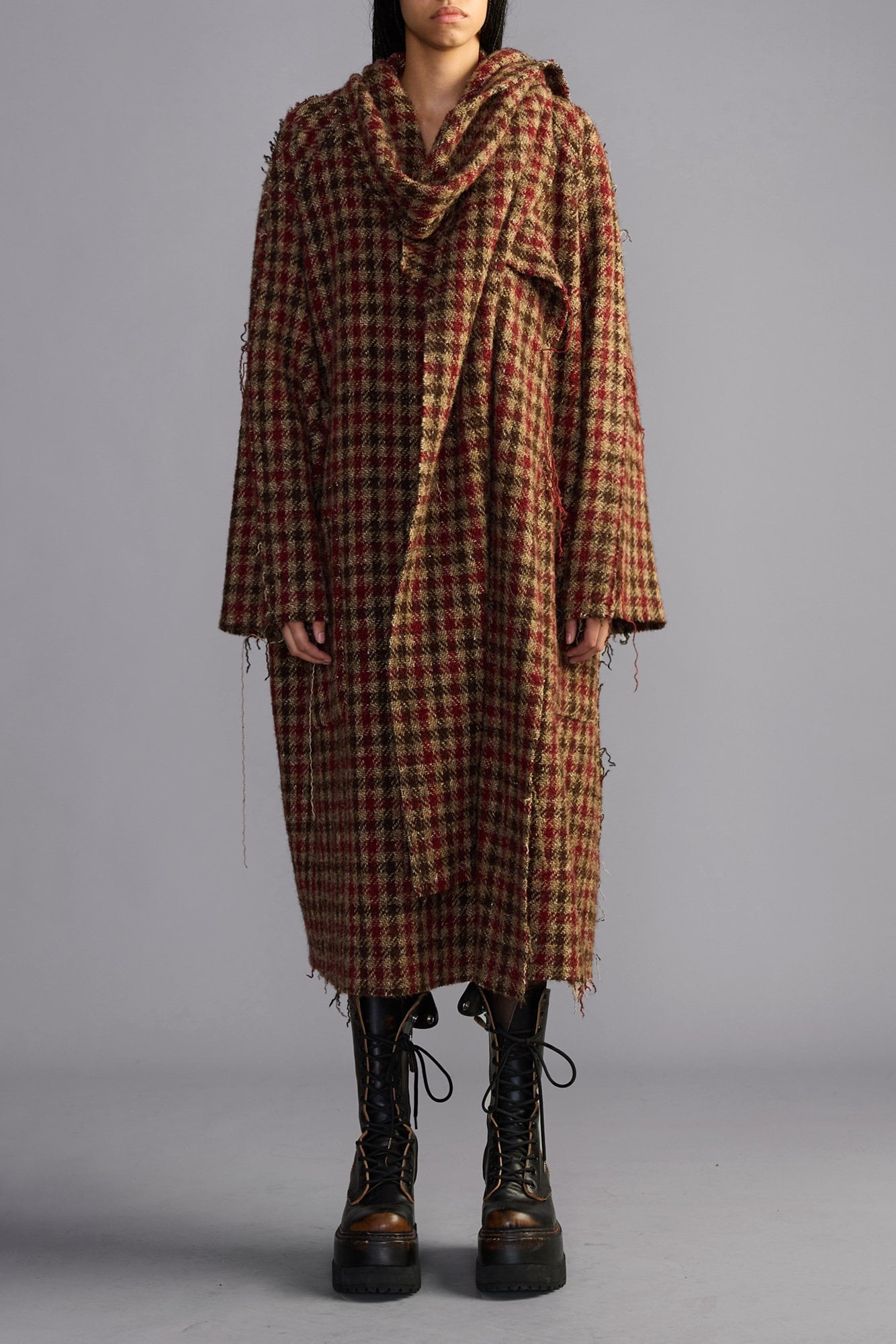 Double Breasted Coat With Scarf - Khaki Red Check - R13