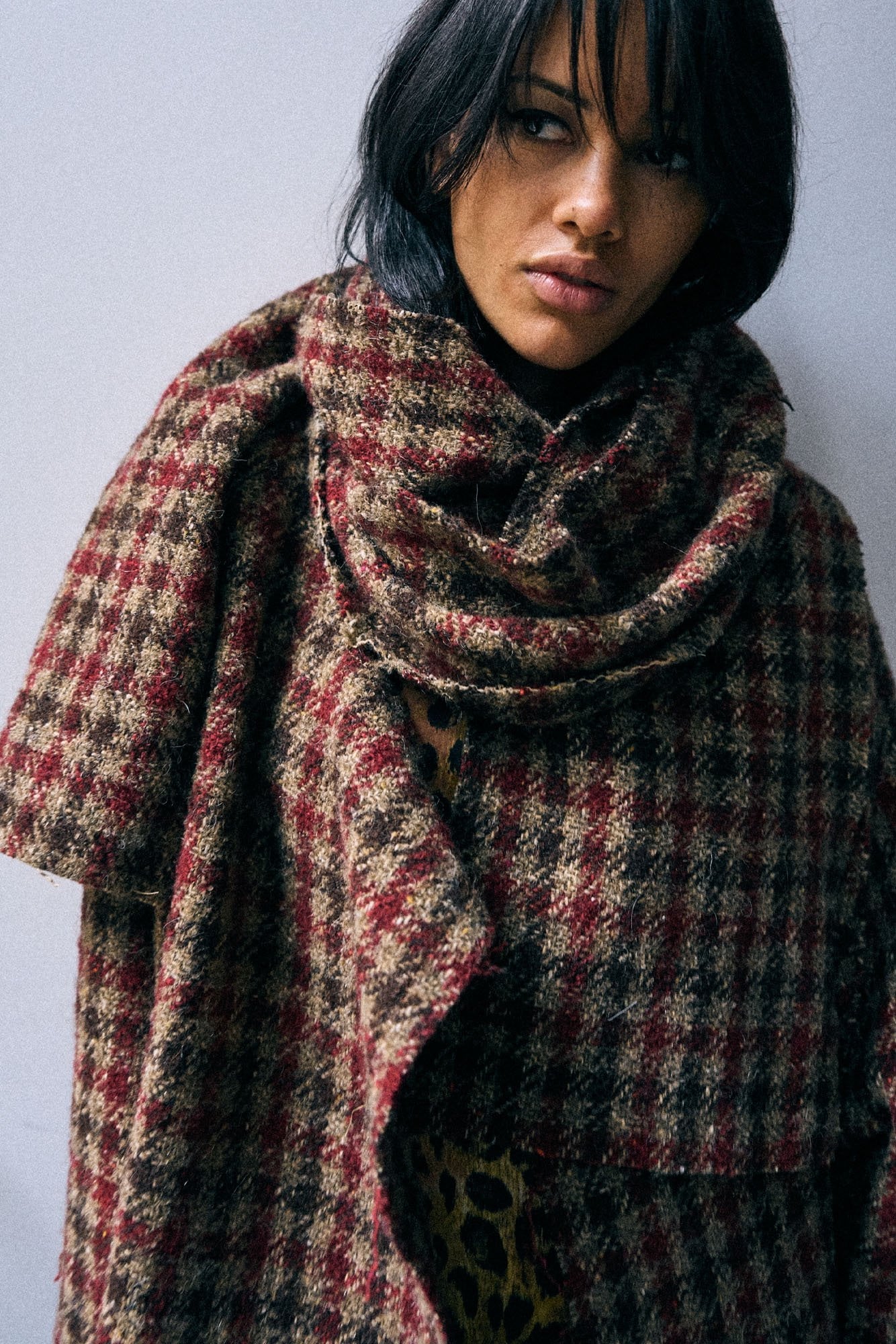 Double Breasted Coat With Scarf - Khaki Red Check - R13