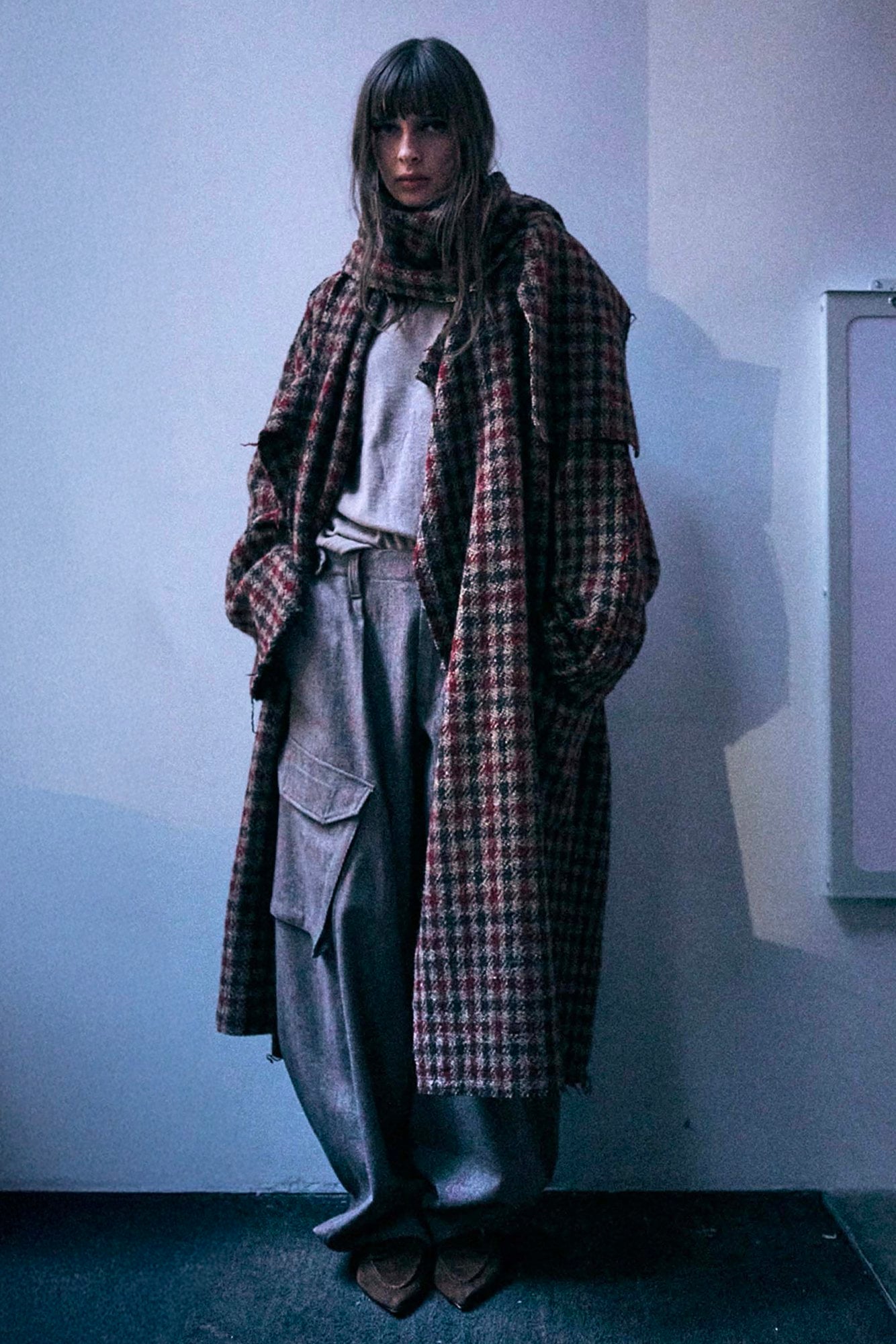 Double Breasted Coat With Scarf - Khaki Red Check - R13