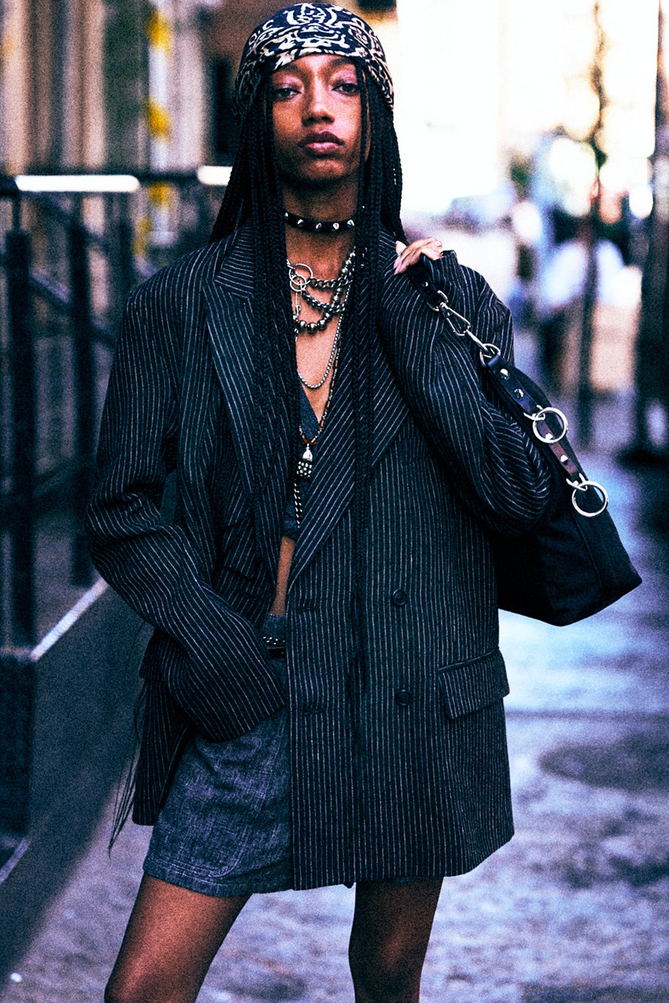 DOUBLE-BREASTED PEAK LAPEL RAGGED BLAZER - BROWN STRIPE