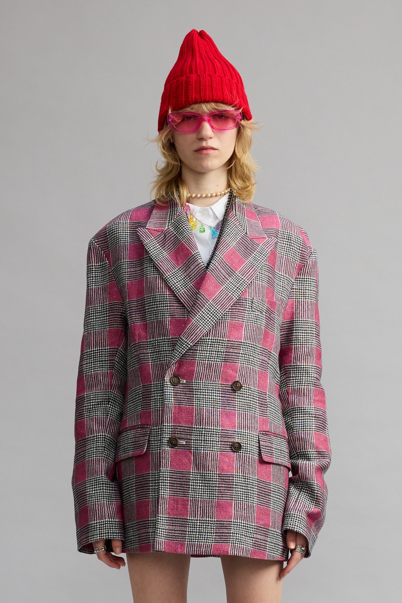 DOUBLE-BREASTED PEAK LAPEL RAGGED BLAZER - PINK GLEN PLAID - R13