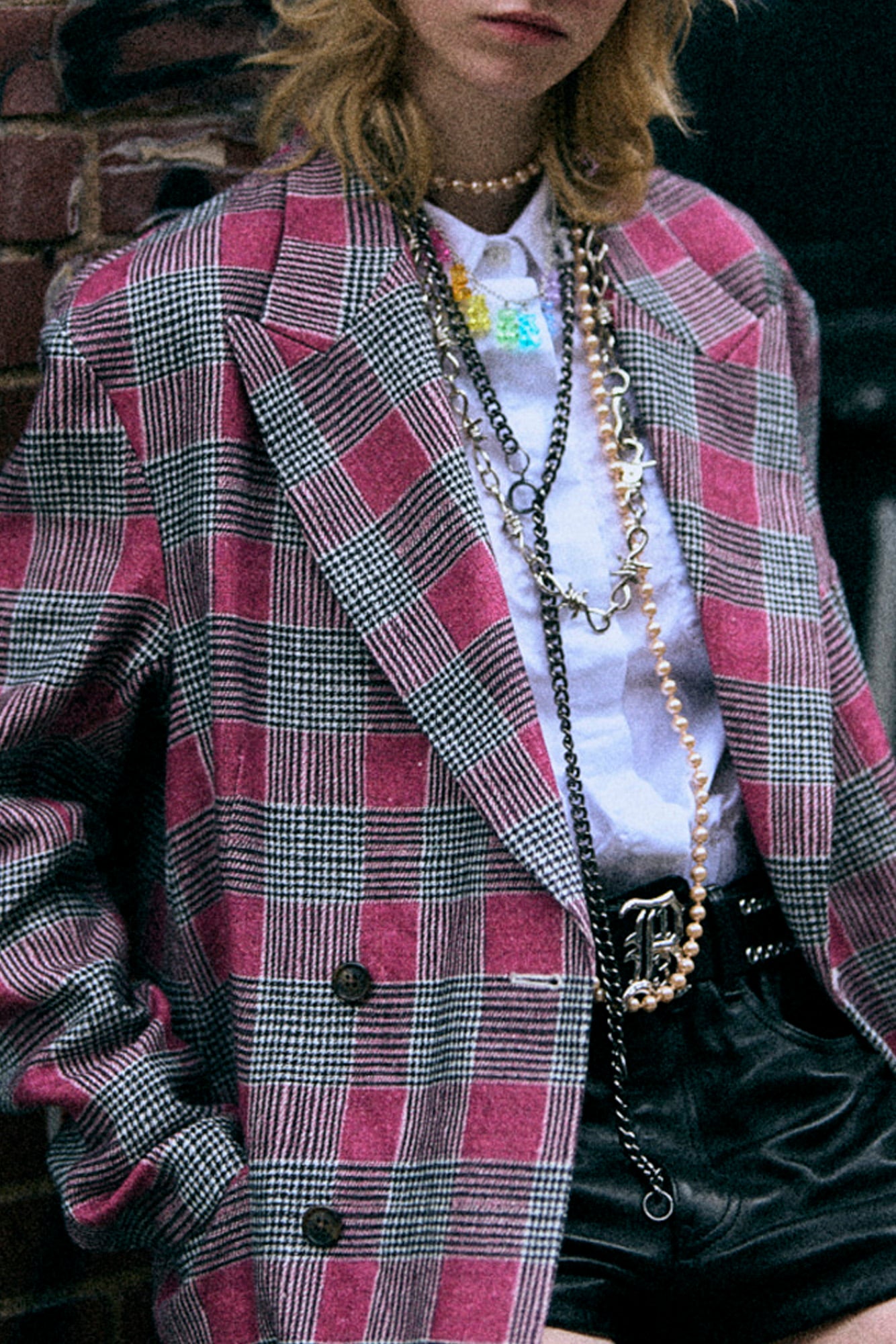 DOUBLE-BREASTED PEAK LAPEL RAGGED BLAZER - PINK GLEN PLAID - R13