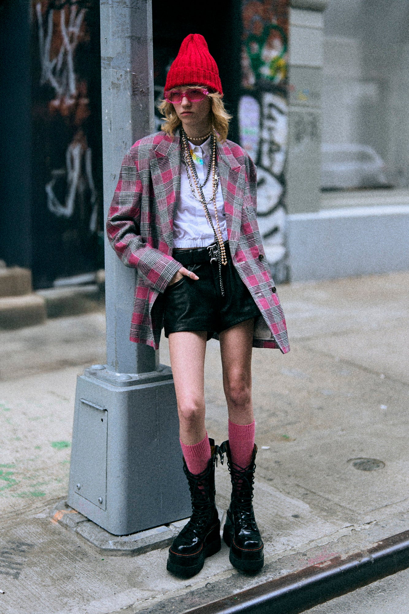 DOUBLE-BREASTED PEAK LAPEL RAGGED BLAZER - PINK GLEN PLAID - R13