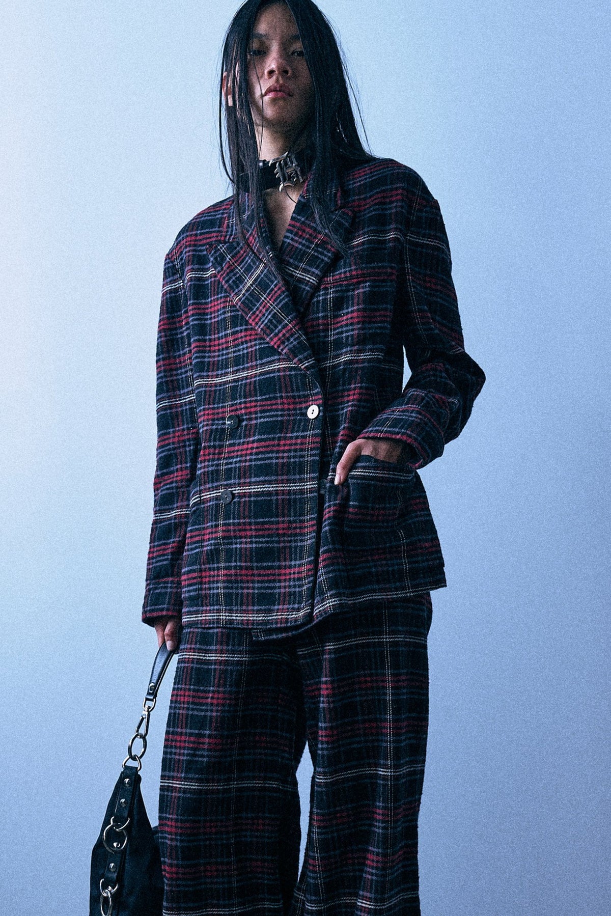 Double Breasted Peak Lapel Ragged Blazer With Piping - Black Red Plaid - R13