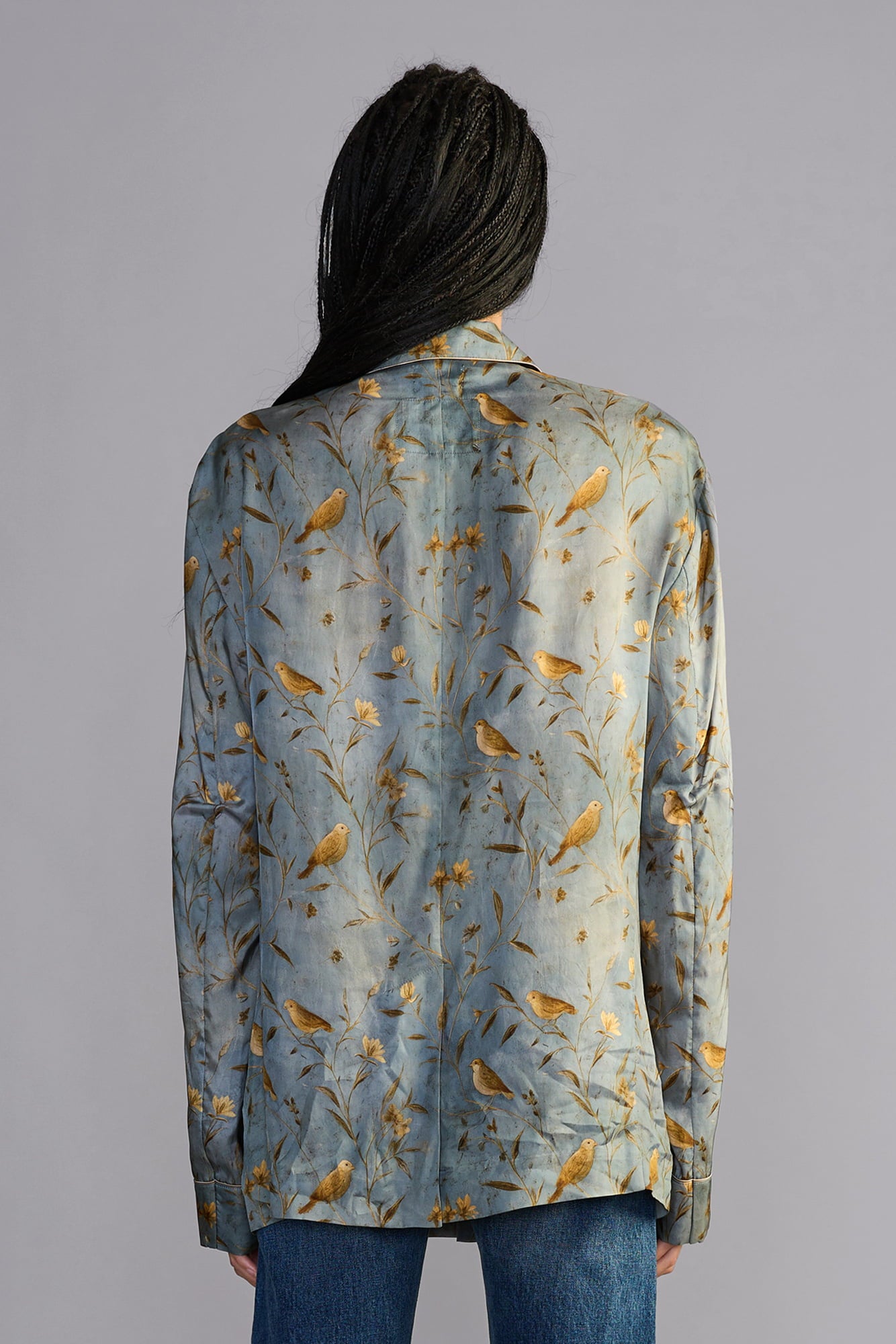 Double-Breasted Peak Lapel Ragged Blazer With Piping - Gold Bird On Blue - R13