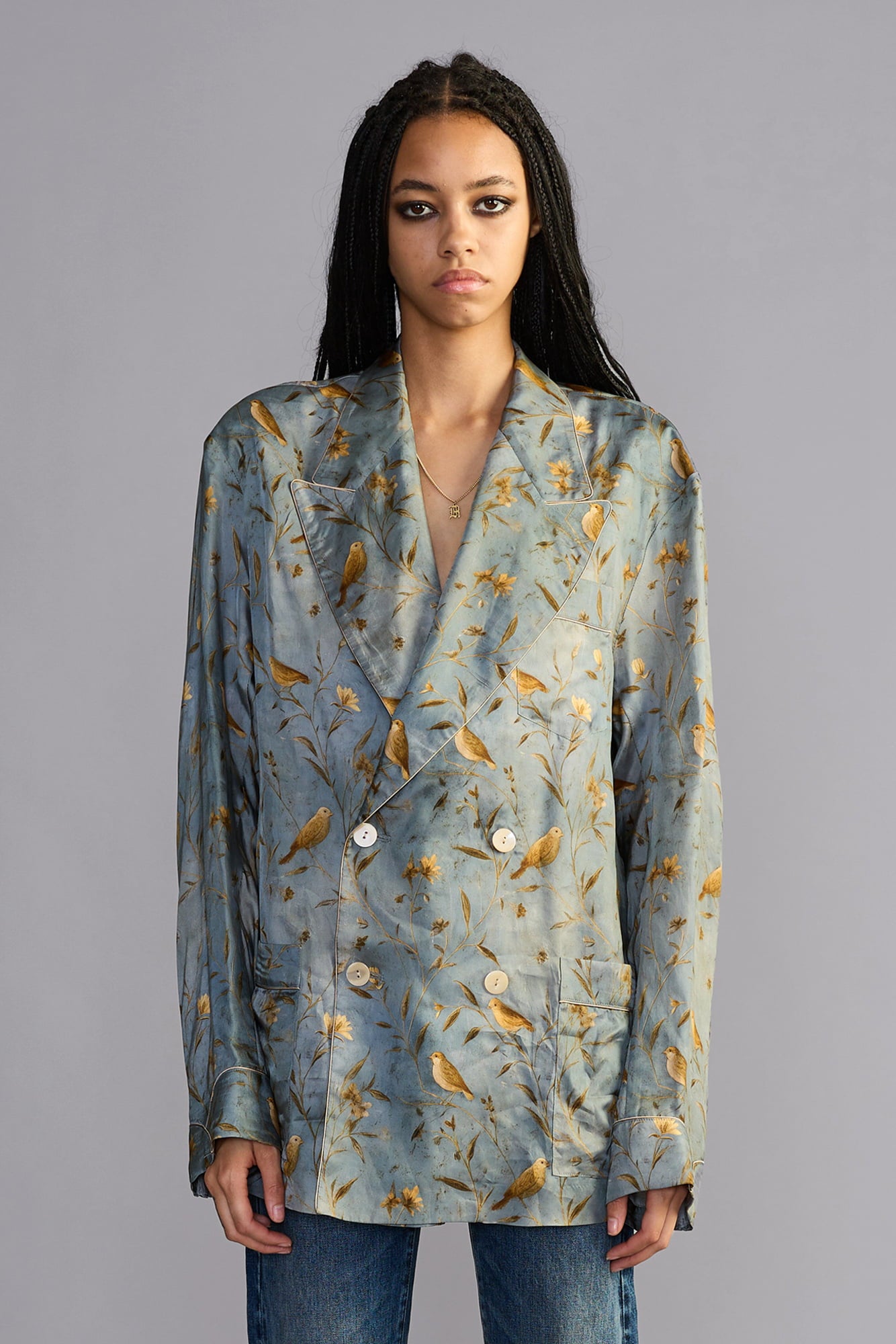 Double-Breasted Peak Lapel Ragged Blazer With Piping - Gold Bird On Blue - R13