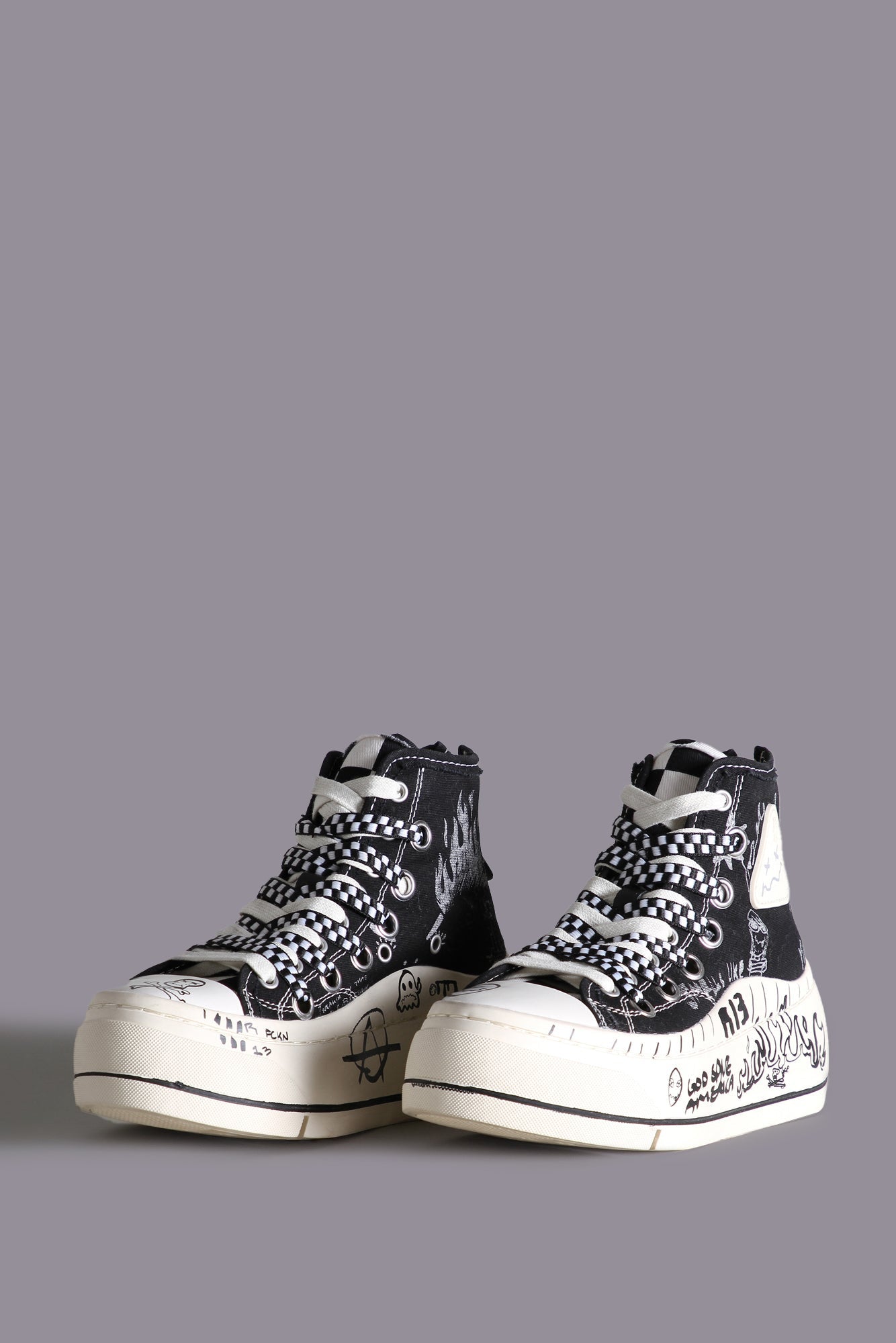 DOUBLE GROMMET KURT HIGH TOP SNEAKER - BLACK GRAFFITI CHECKER - R13