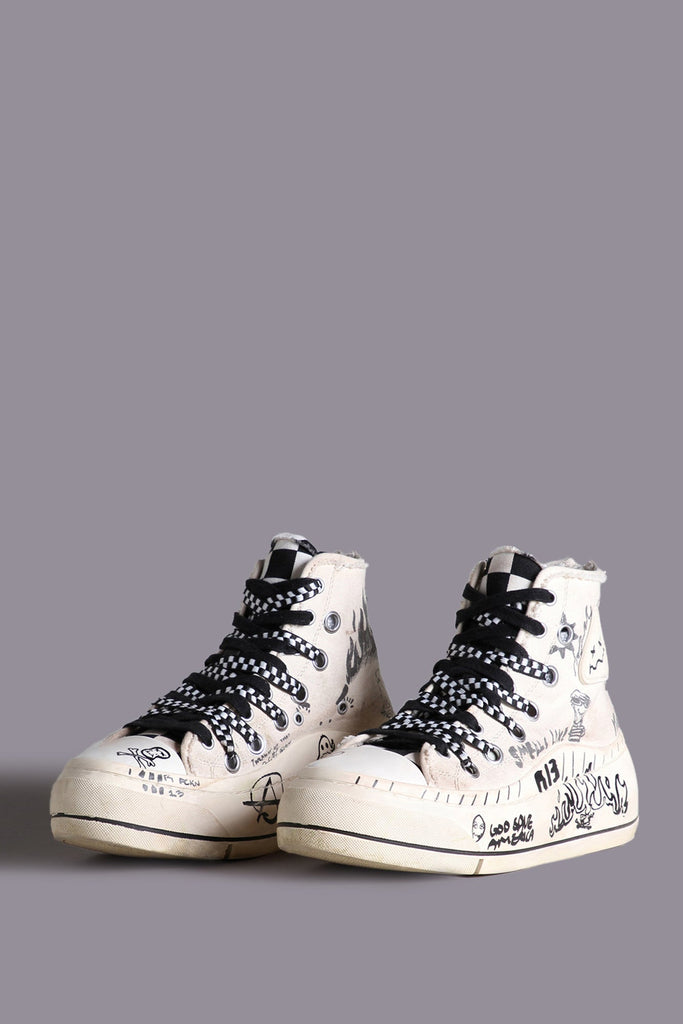 Double Grommet Kurt High Top Sneaker - Ecru And Checkerboard With Graffiti