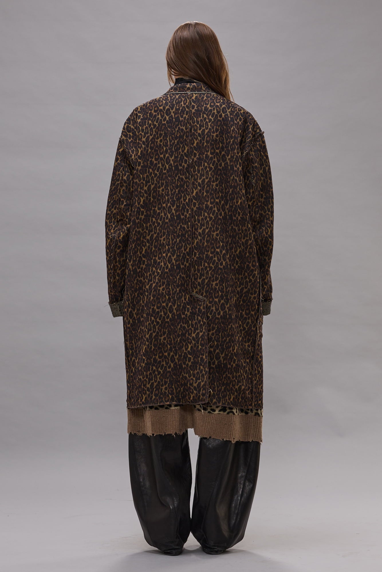 Double Layer Reversible Raw Cut Coat - Khaki Black Mini Houndstooth - R13