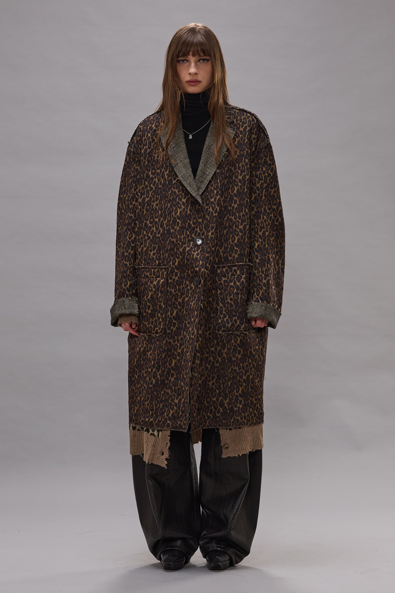 Double Layer Reversible Raw Cut Coat - Khaki Black Mini Houndstooth - R13