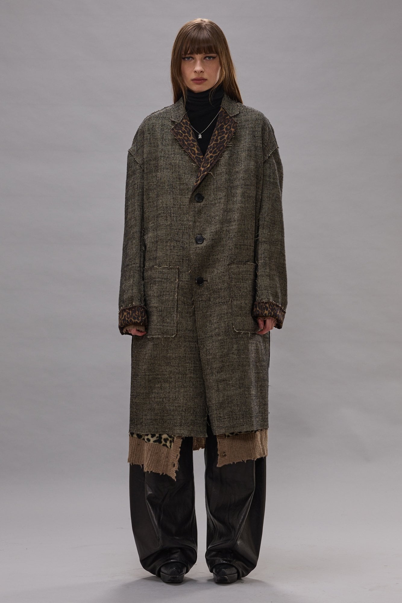 Double Layer Reversible Raw Cut Coat - Khaki Black Mini Houndstooth - R13
