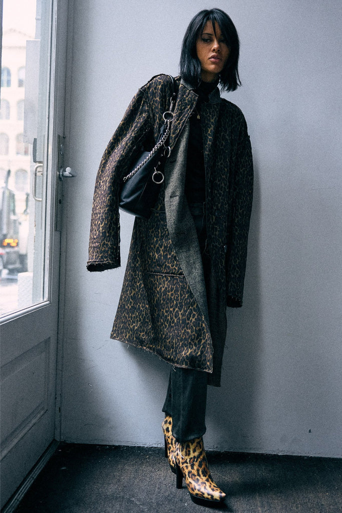 Double Layer Reversible Raw Cut Coat - Khaki Black Mini Houndstooth
