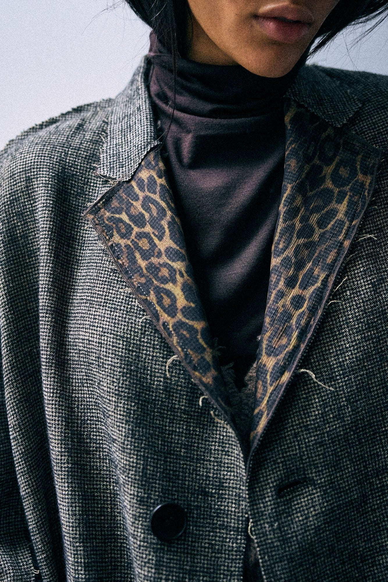 Double Layer Reversible Raw Cut Coat - Khaki Black Mini Houndstooth - R13