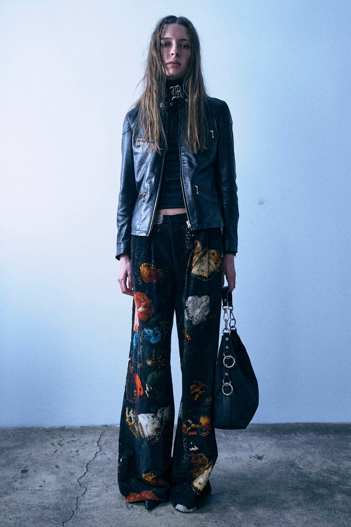 Double Pleat Flare Trouser - Floral Butterfly On Black