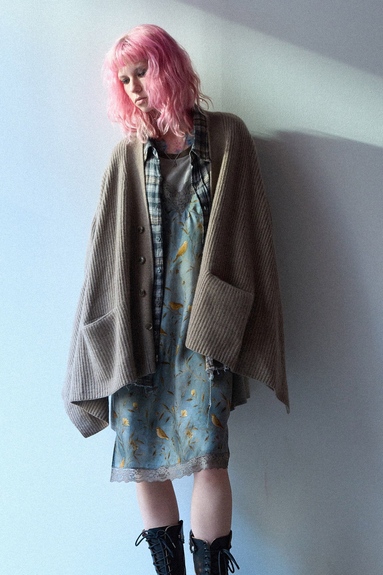 Draped Front Ribbed Cardigan - Light Brown