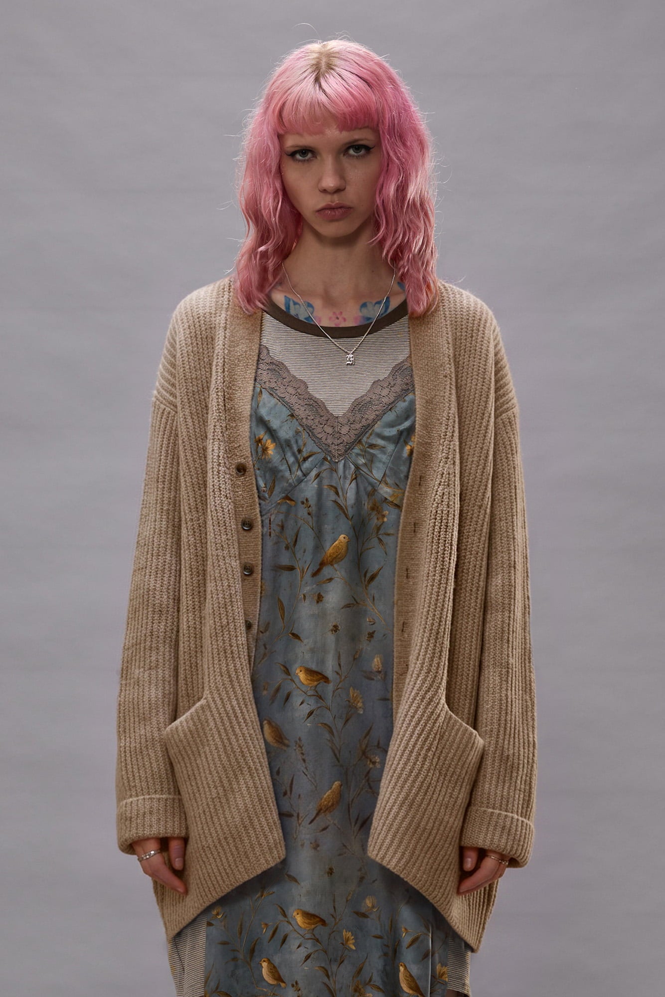 Draped Front Ribbed Cardigan - Light Brown - R13