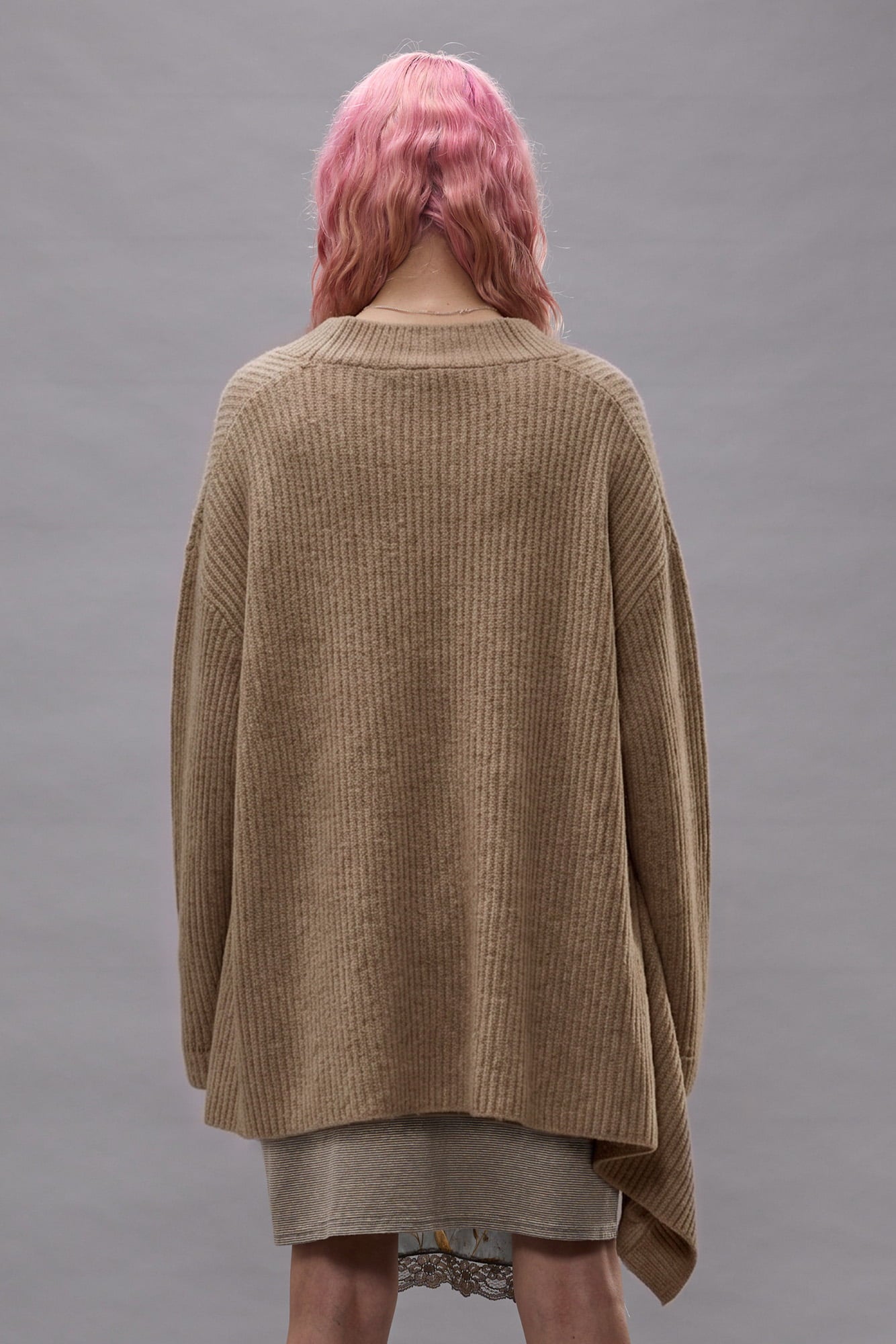 Draped Front Ribbed Cardigan - Light Brown - R13