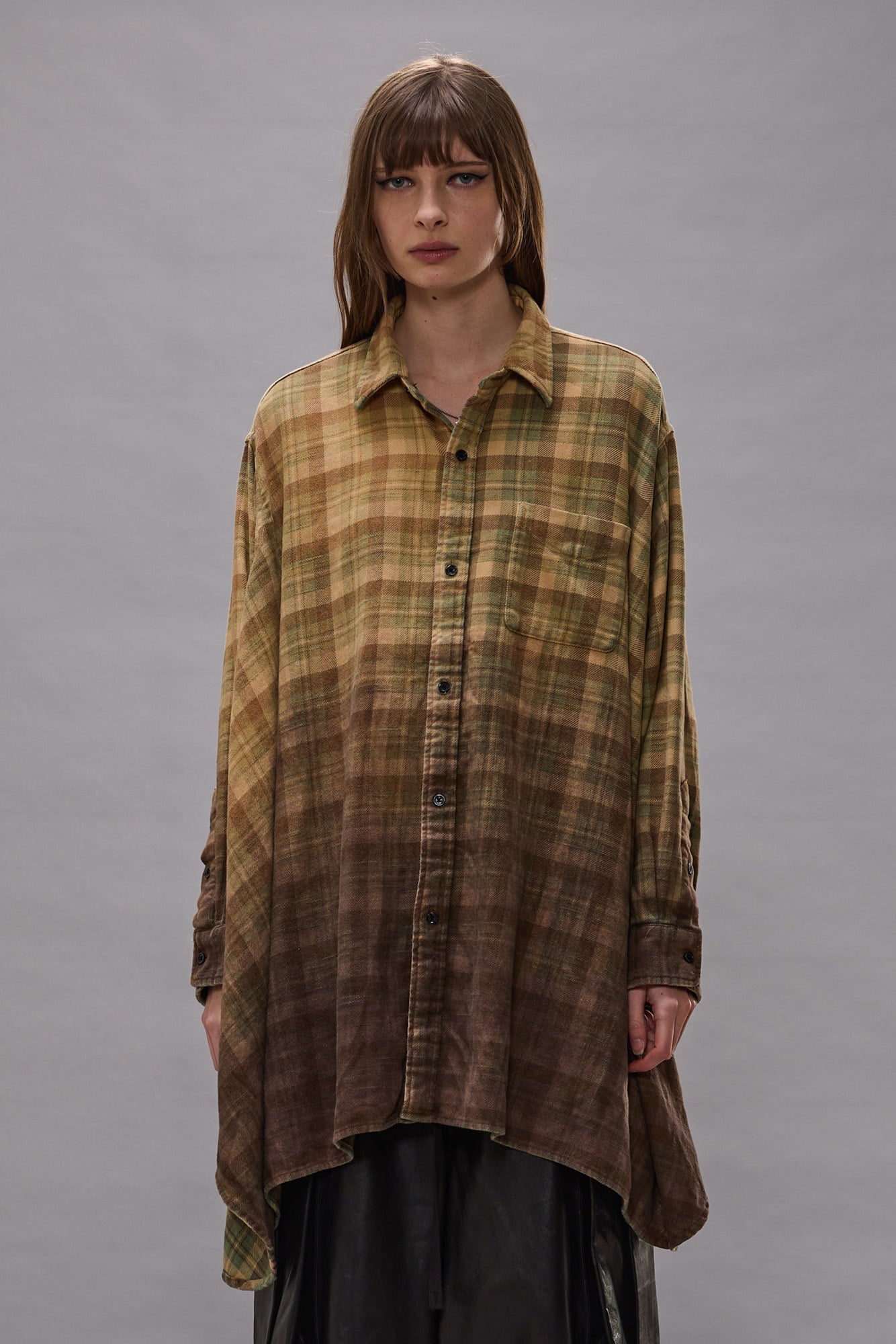 Draped Front Shirt - Khaki To Brown Ombre Plaid - R13