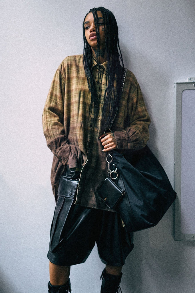 Draped Front Shirt - Khaki To Brown Ombre Plaid