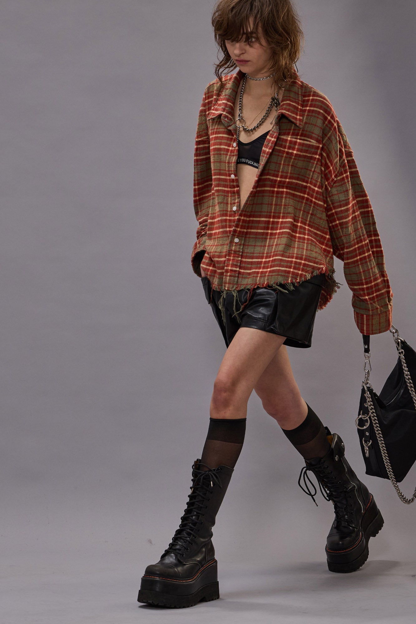 Drop Neck Cropped Shirt - Brown Plaid - R13