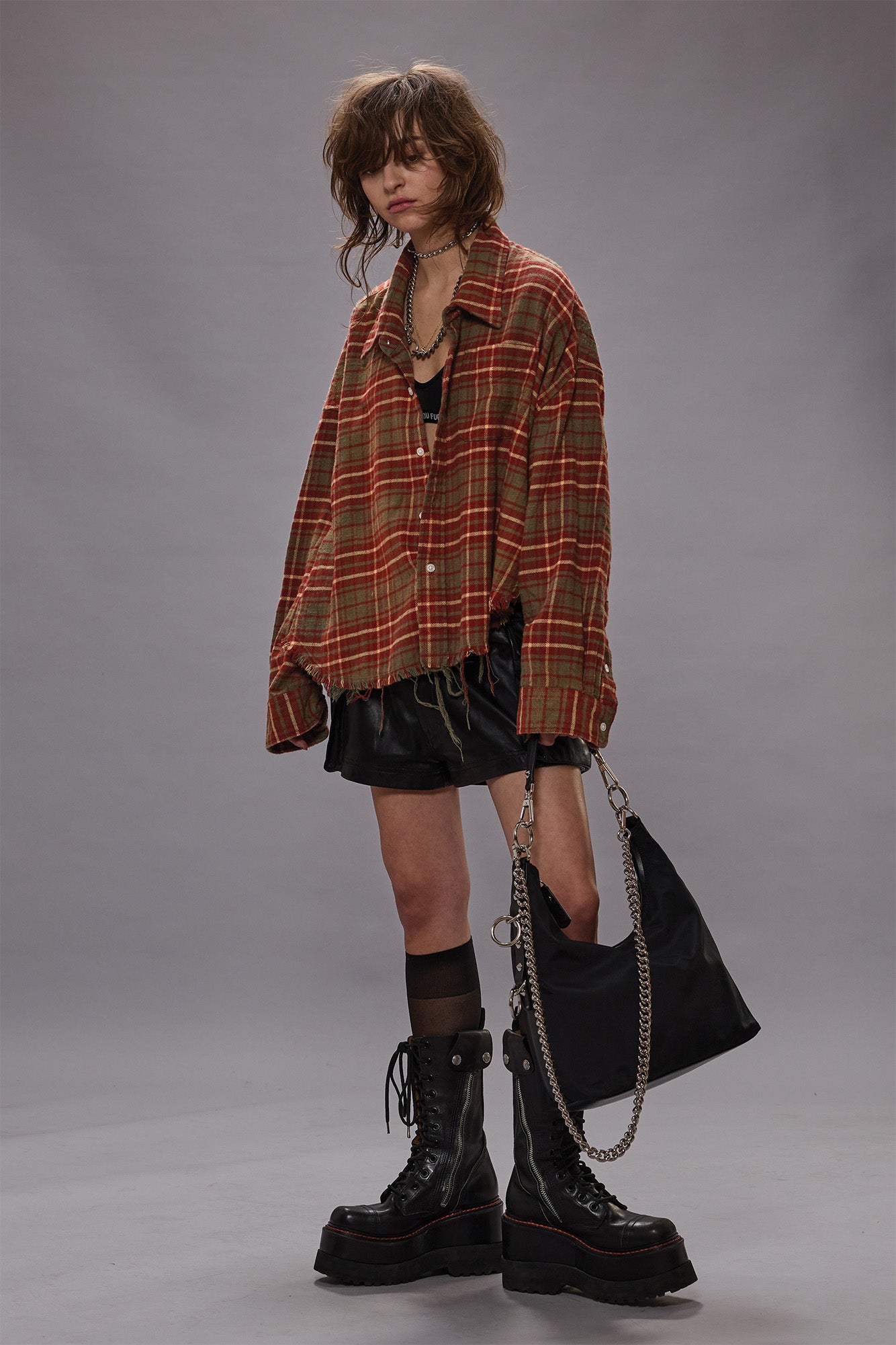 Drop Neck Cropped Shirt - Brown Plaid - R13