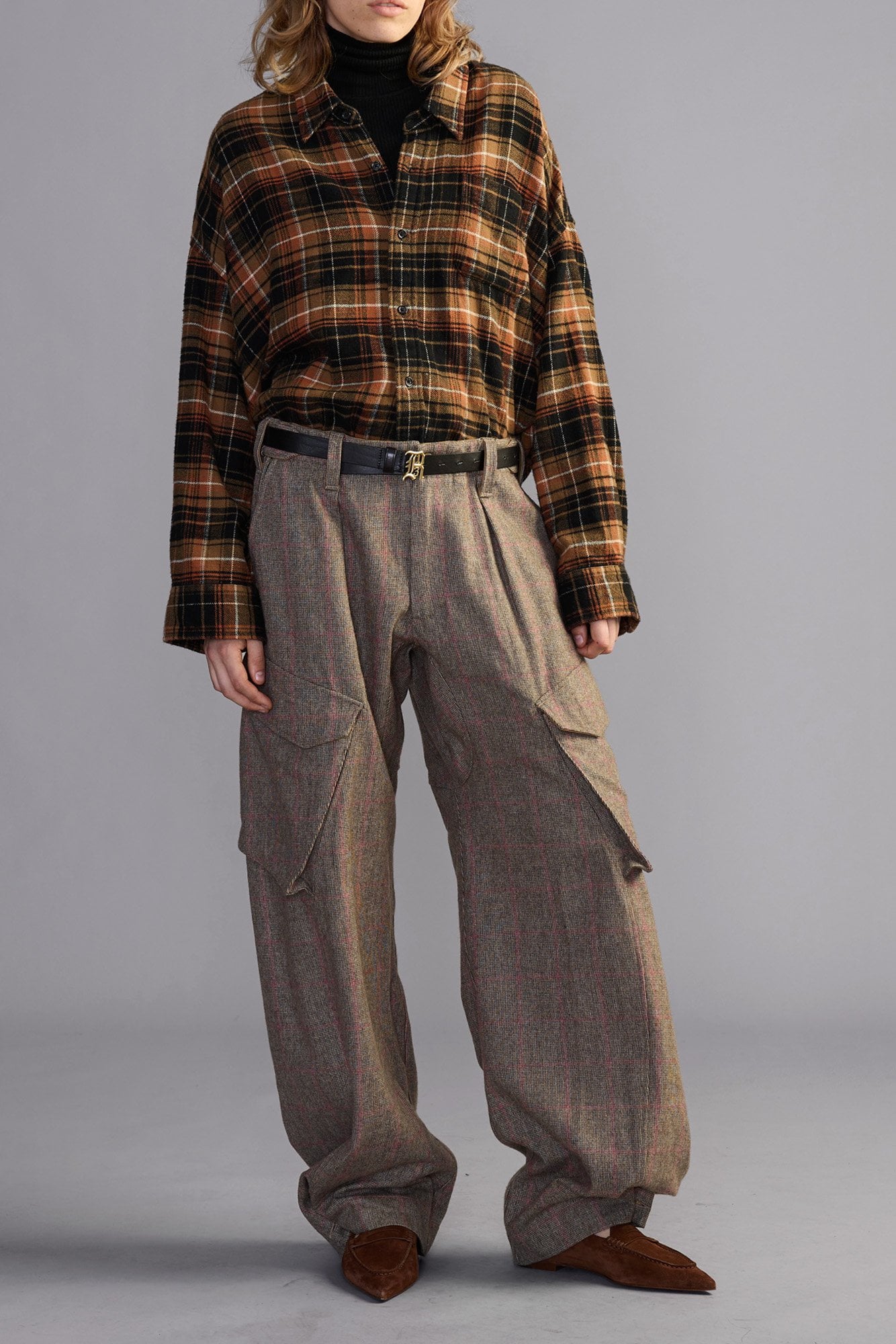 Drop Neck Cropped Shirt - Light Brown Black Plaid - R13