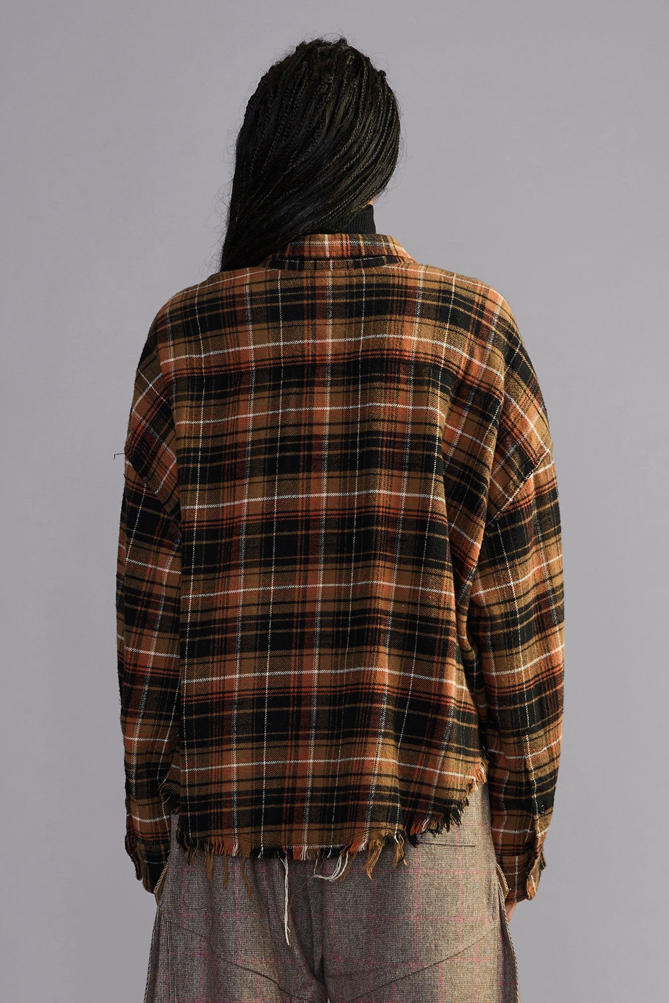 Drop Neck Cropped Shirt - Light Brown Black Plaid - R13
