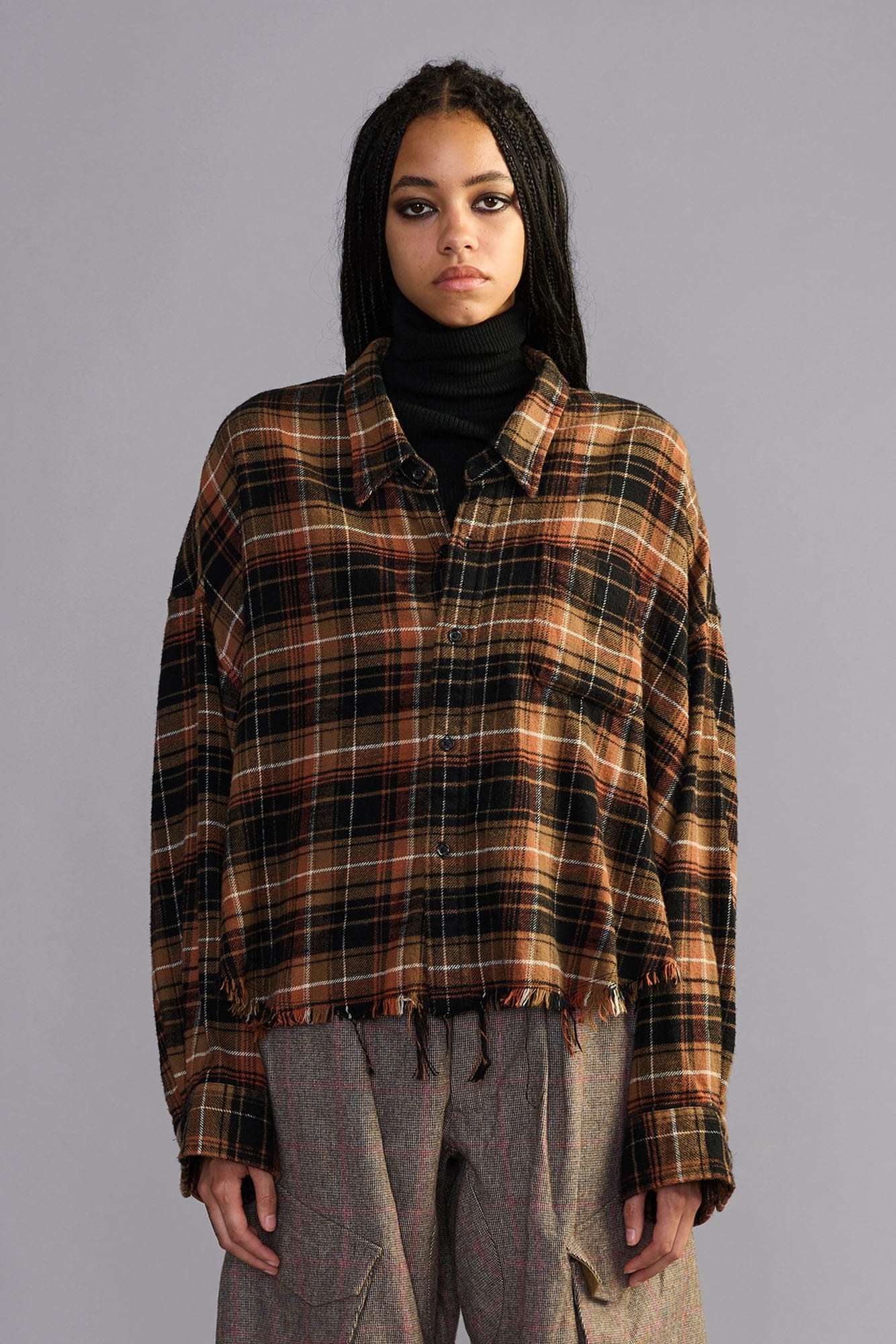 Drop Neck Cropped Shirt - Light Brown Black Plaid - R13