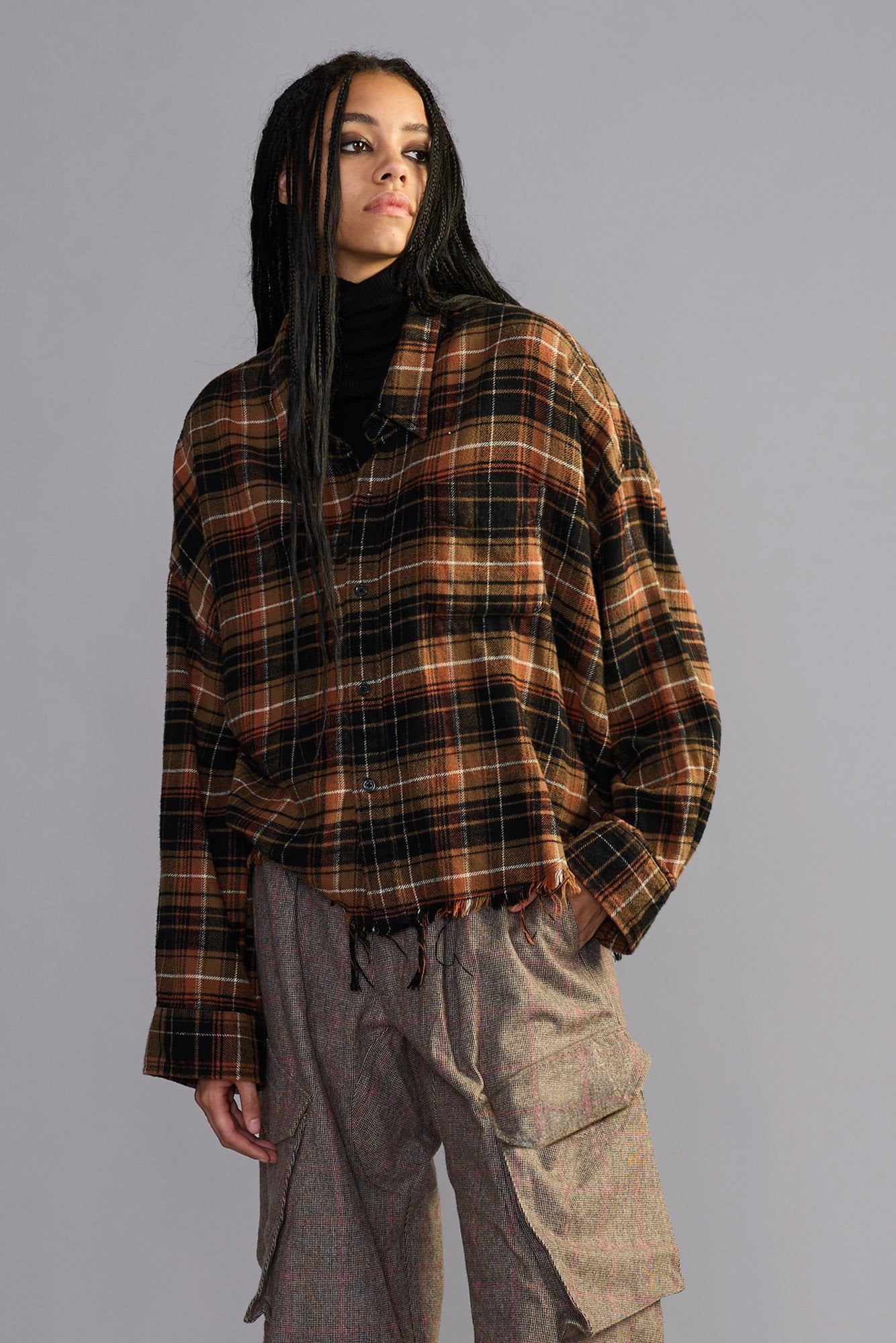Drop Neck Cropped Shirt - Light Brown Black Plaid - R13