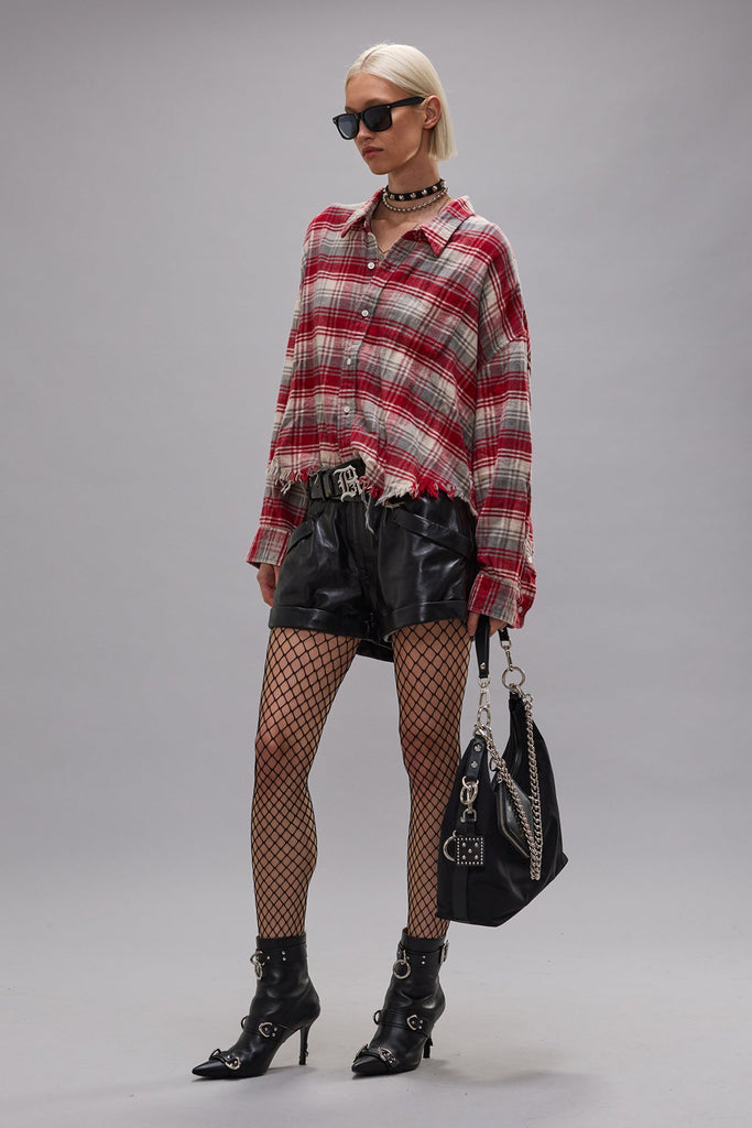 Drop Neck Cropped Shirt - Red Grey Plaid