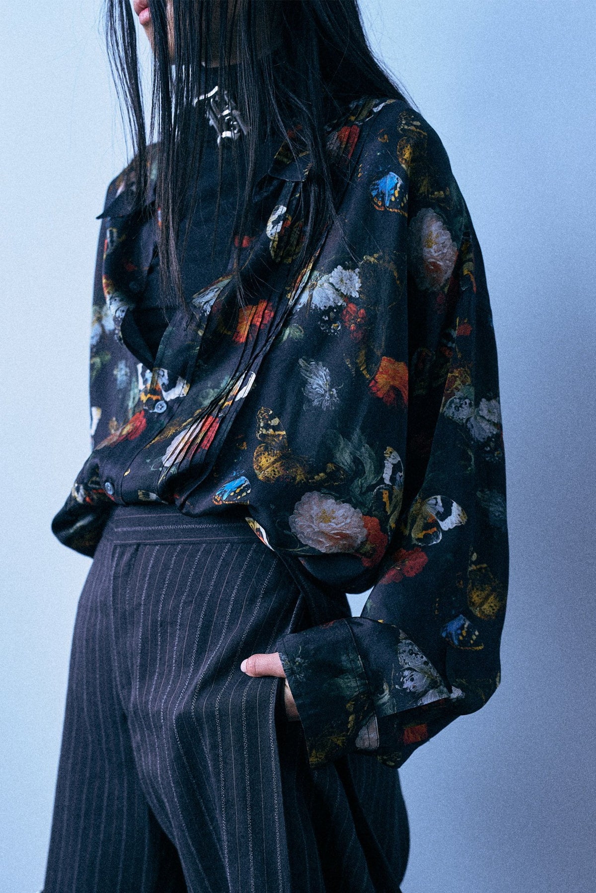 Drop Neck Shirt - Black And Red Multicolor Floral Butterfly - R13
