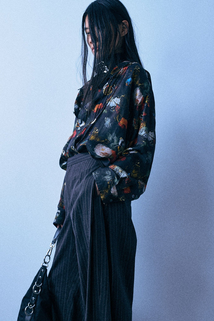 Drop Neck Shirt - Black And Red Multicolor Floral Butterfly