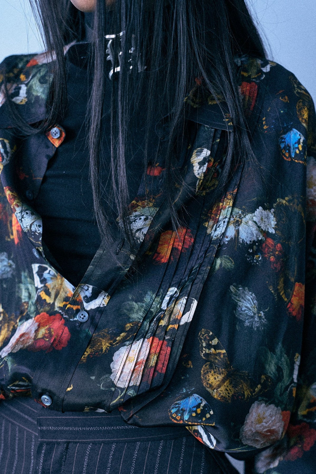 Drop Neck Shirt - Black And Red Multicolor Floral Butterfly - R13