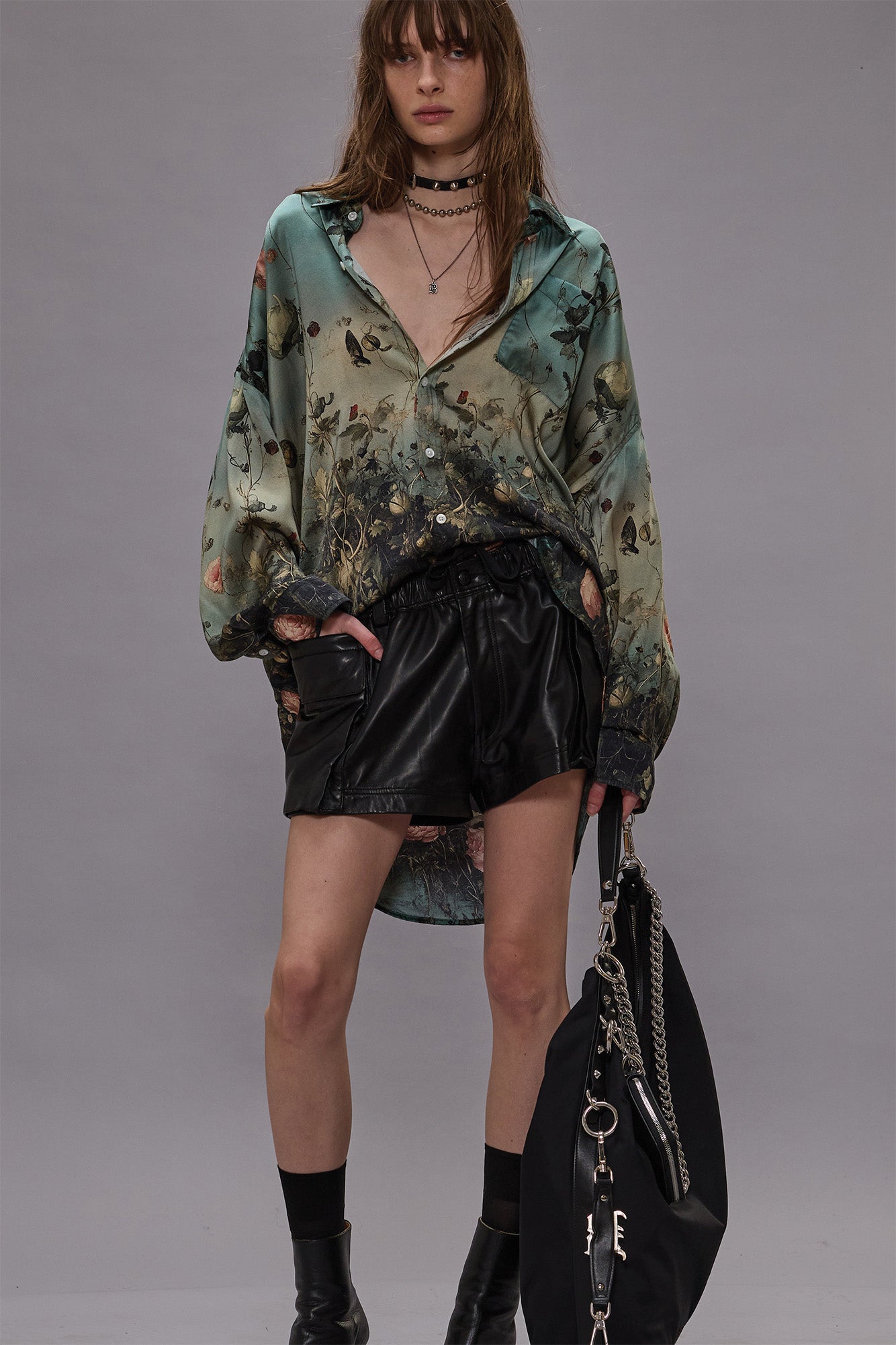 Drop Neck Shirt - Dipped Black Turquoise Floral