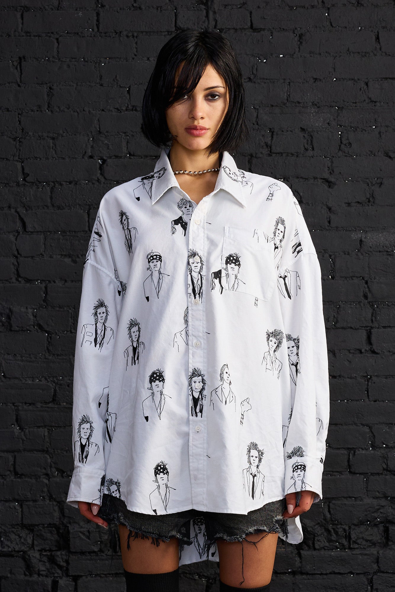 Drop Neck Shirt - Punk Embroidery On White - R13