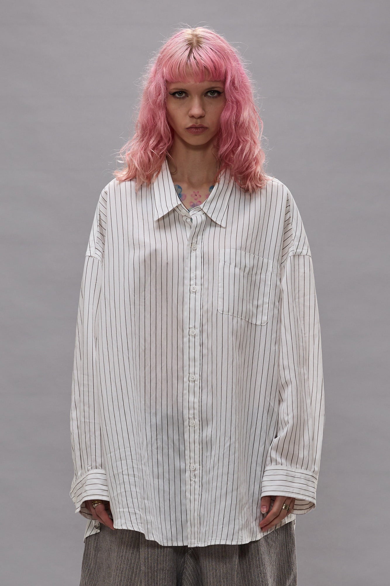 Drop Neck Shirt - White Narrow Brown Stripe - R13
