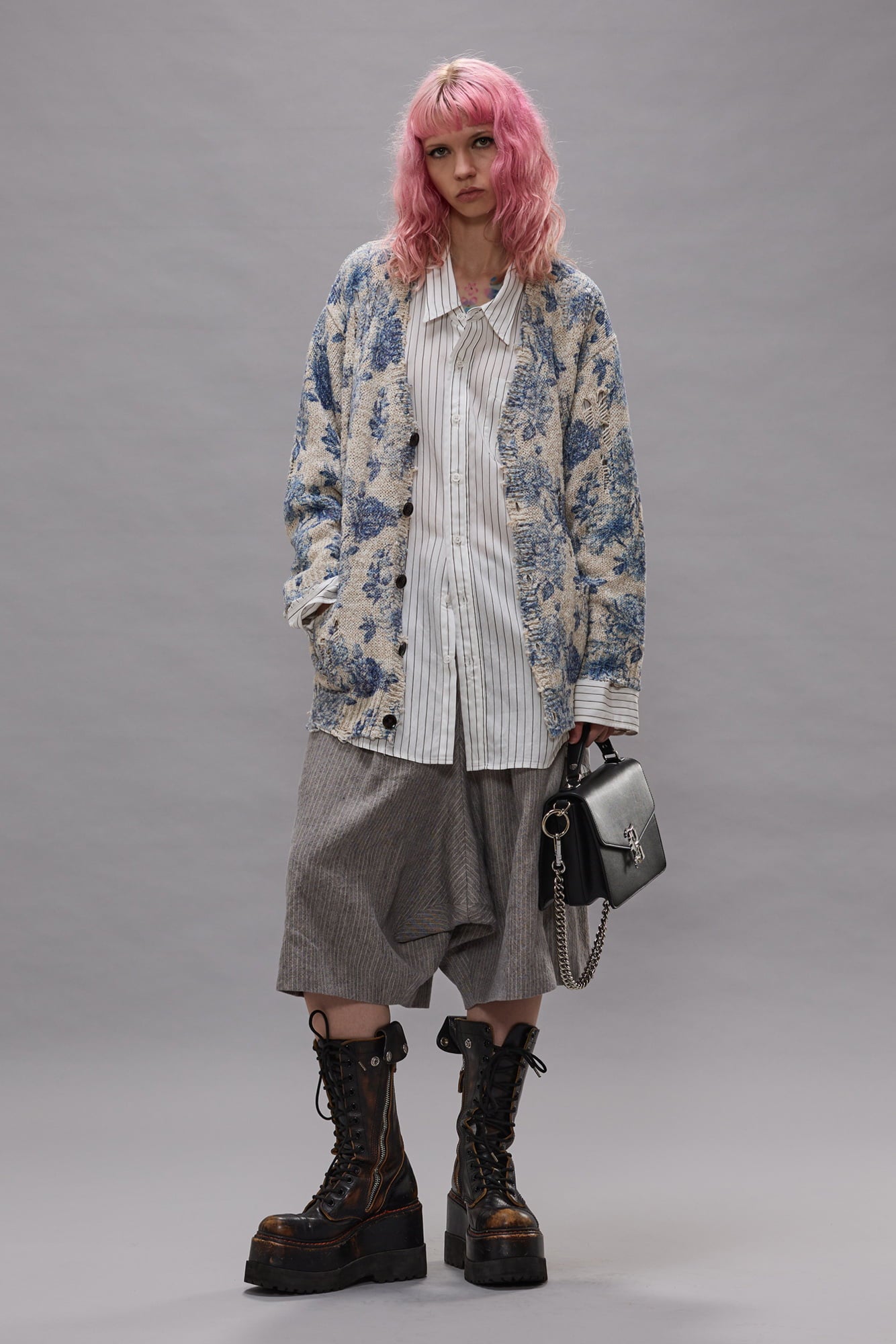 Drop Neck Shirt - White Narrow Brown Stripe - R13