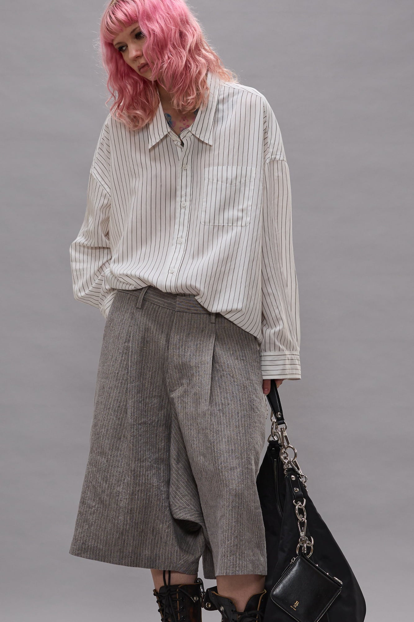 Drop Neck Shirt - White Narrow Brown Stripe - R13
