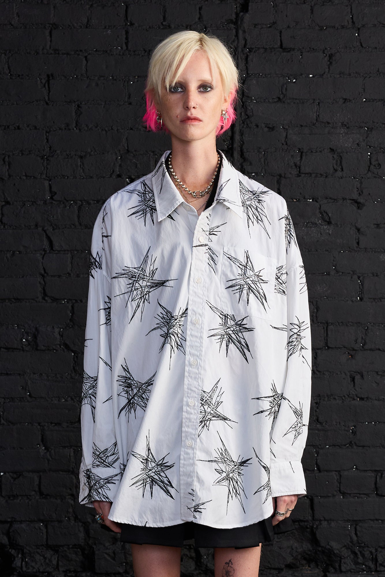 Drop Neck Shirt - White With Black Embroidery - R13