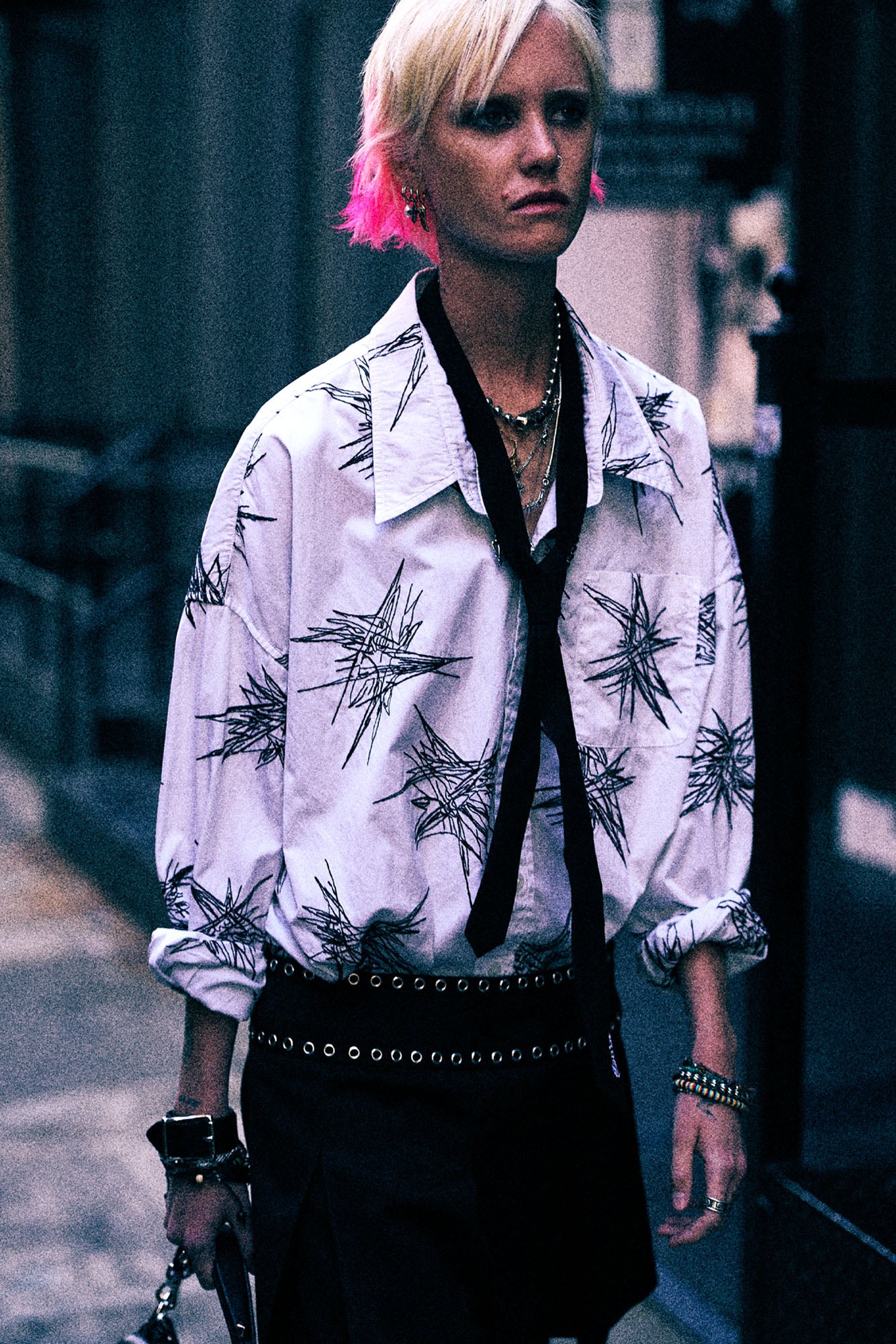 Drop Neck Shirt - White With Black Embroidery - R13