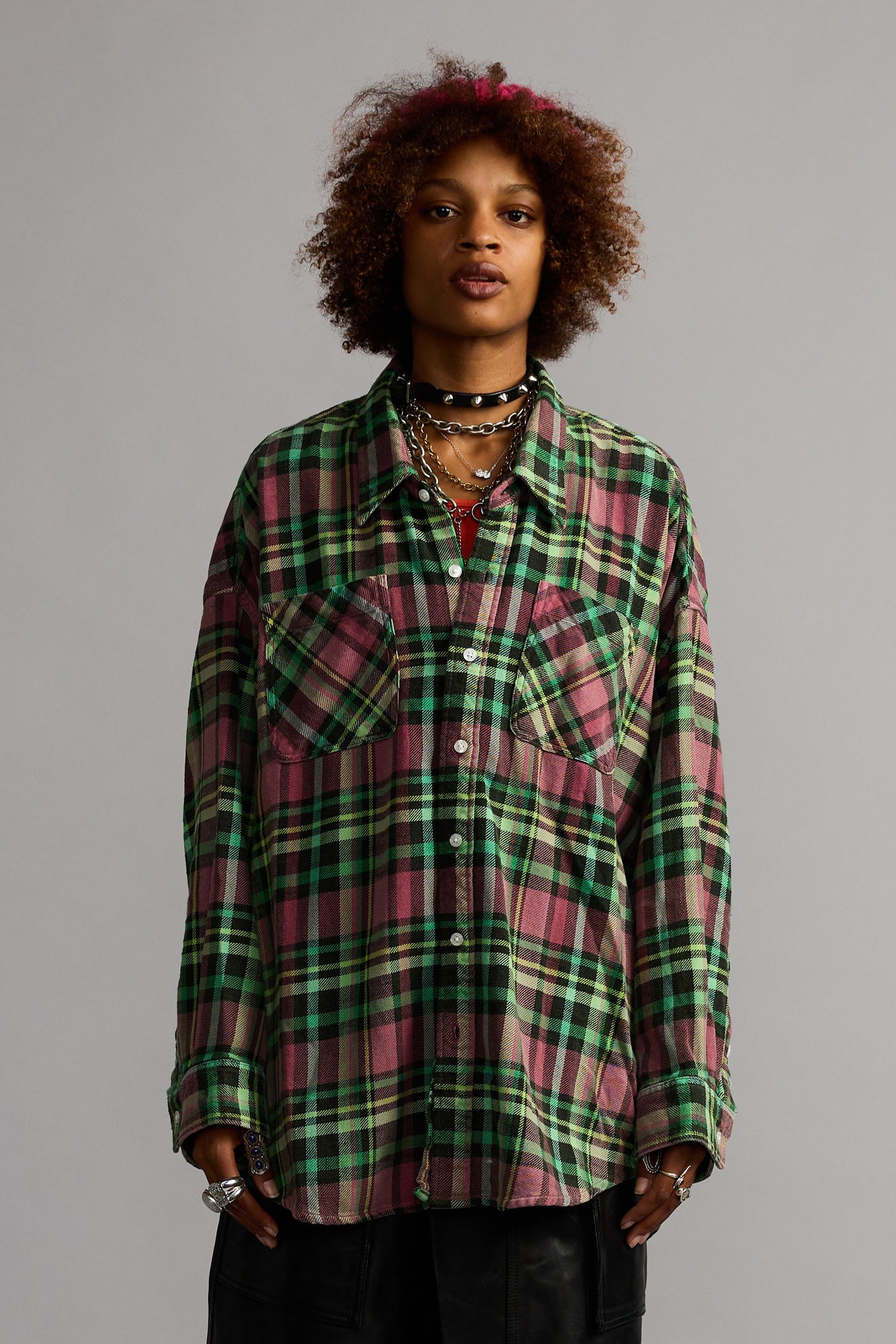 DROP NECK WORK SHIRT - PINK PLAID - R13 DROP NECK WORK SHIRT - PINK PLAID - R13