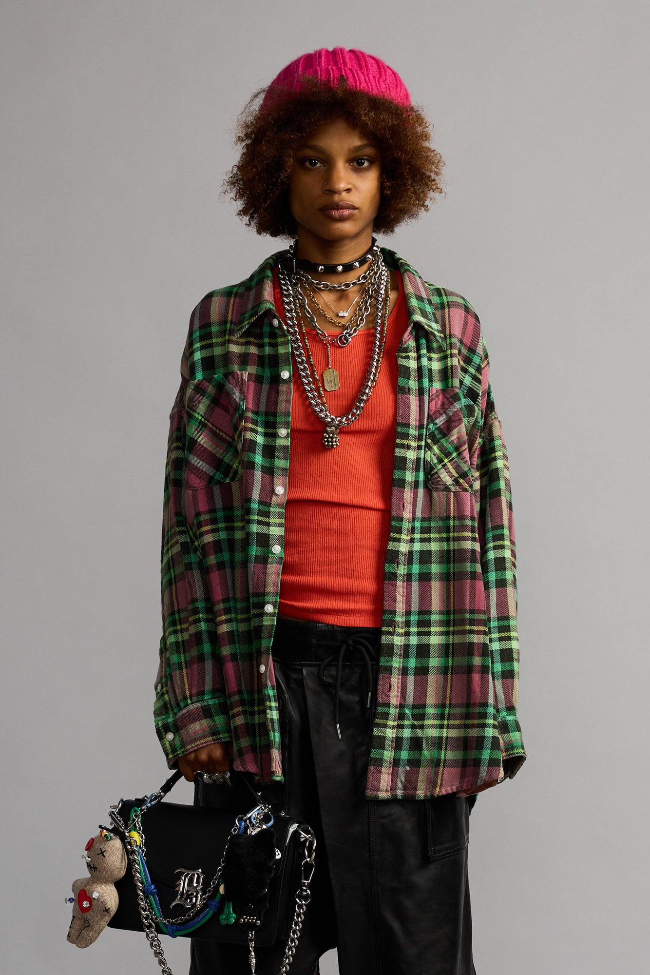 DROP NECK WORK SHIRT - PINK AND GREEN PLAID