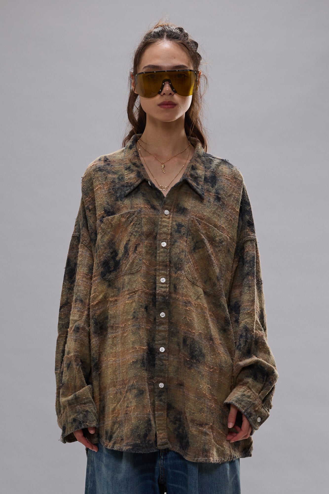 DROP NECK WORKSHIRT - BLEACHED ORANGE GREEN PLAID - R13