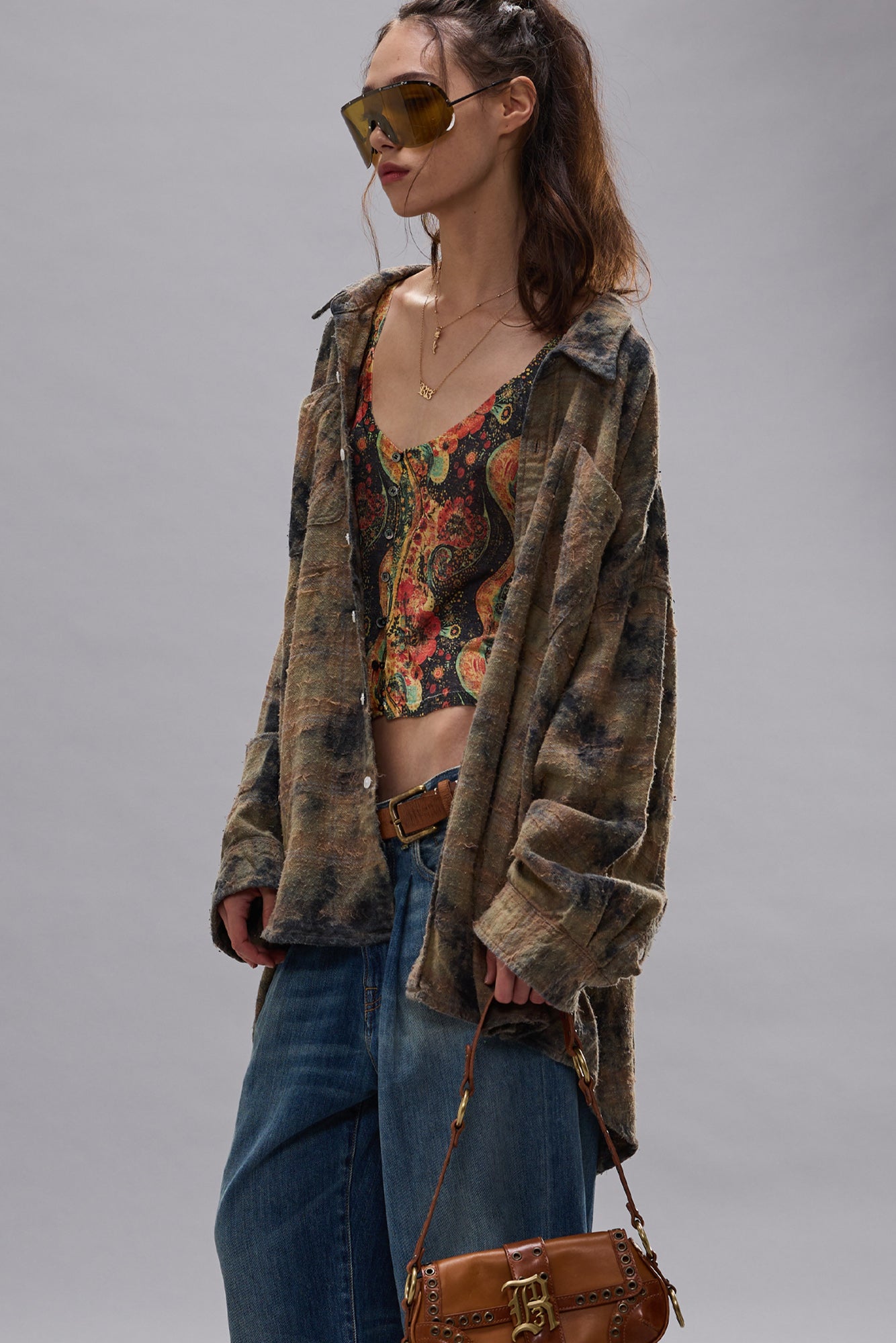 Drop Neck Workshirt - Bleached Orange Green Plaid - R13