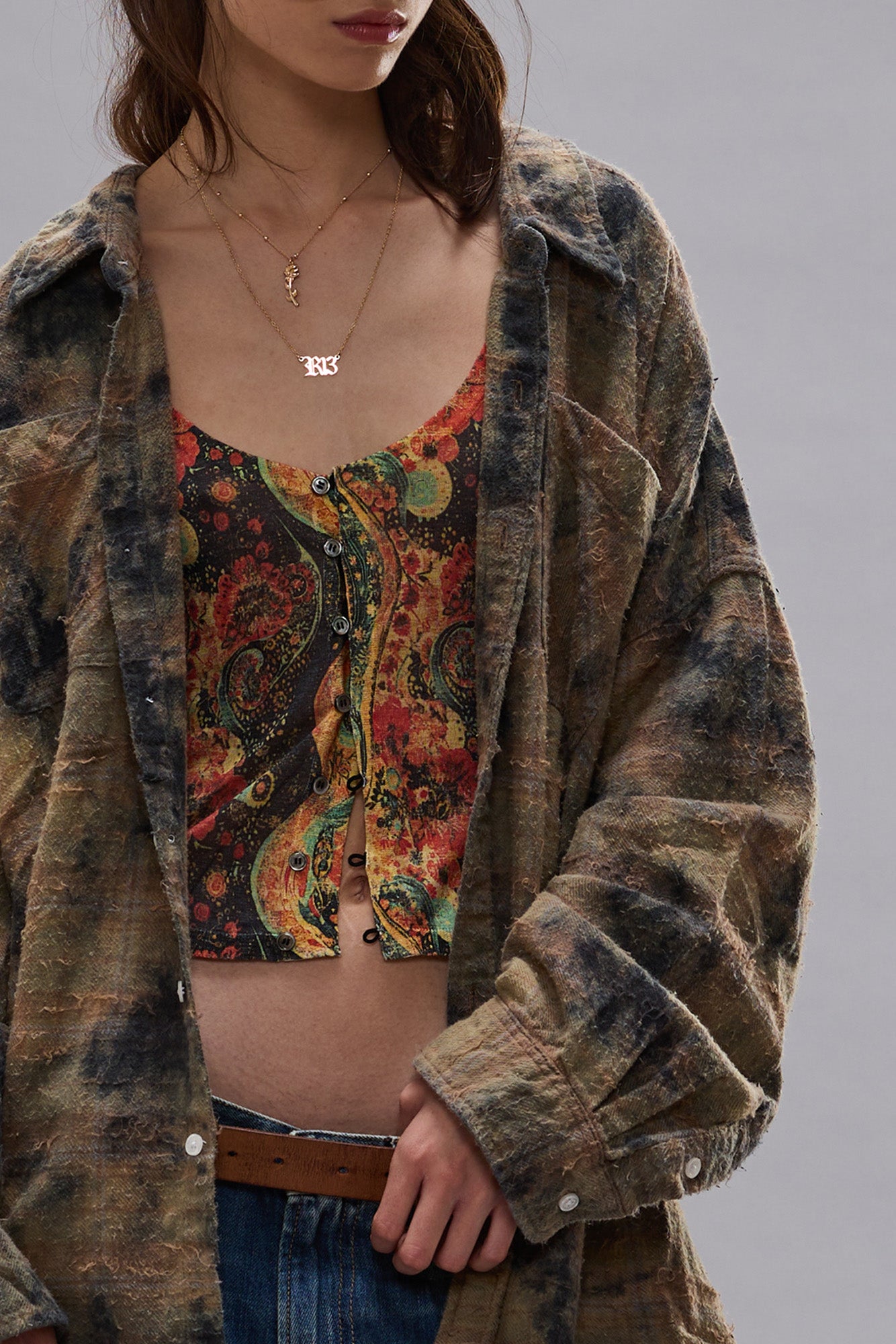 DROP NECK WORKSHIRT - BLEACHED ORANGE GREEN PLAID - R13