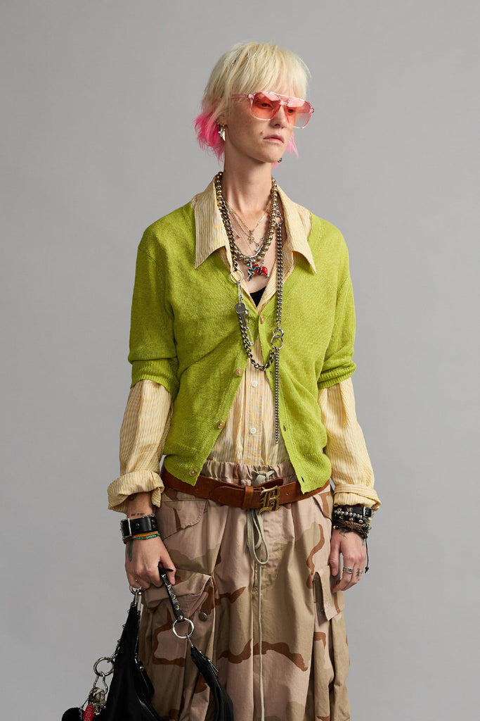Elbow Sleeve Split Hem Cardigan - Light Green