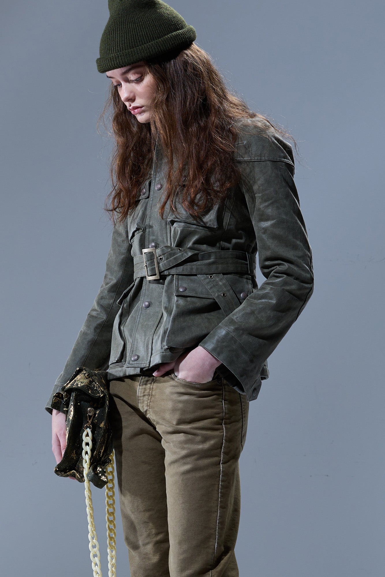 ELONGATED BELTED JACKET - OLIVE GREEN - R13