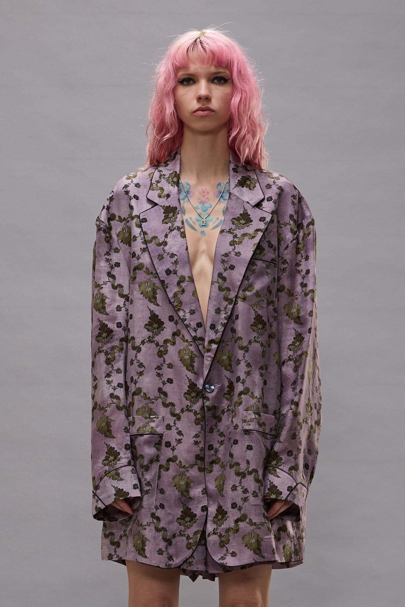 Elongated Ragged Blazer With Piping - Purple Floral - R13
