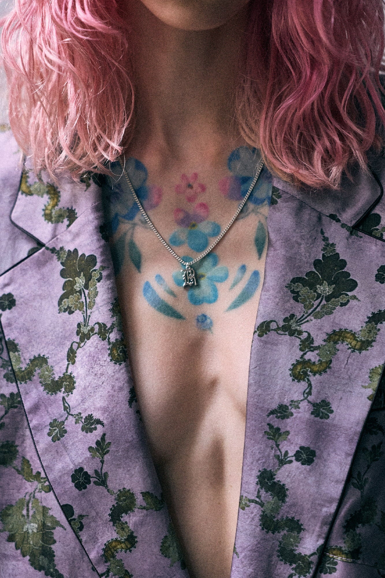 Elongated Ragged Blazer With Piping - Purple Floral - R13